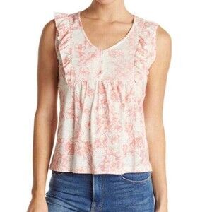 Como Vintage Women's Linen Blend Ruffle Tank Top In Floral Print Size M